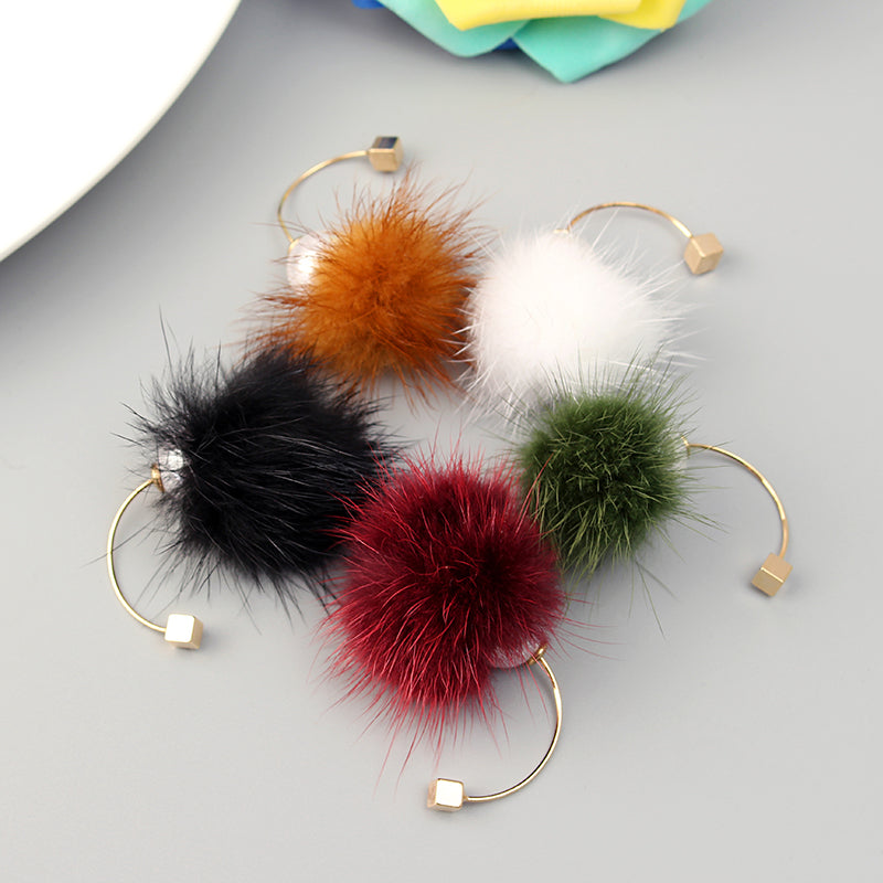 Fuzzy Ball Ear Drop Artificial Pearl Cute Earrings 