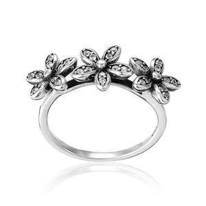  Vintage 925 Sterling Silver Three Flowers Crystal Ring Women Jewelry