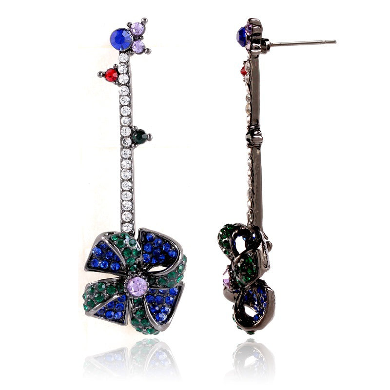 Vintage Windmill Full Rhinestones Stick Dangle Earrings