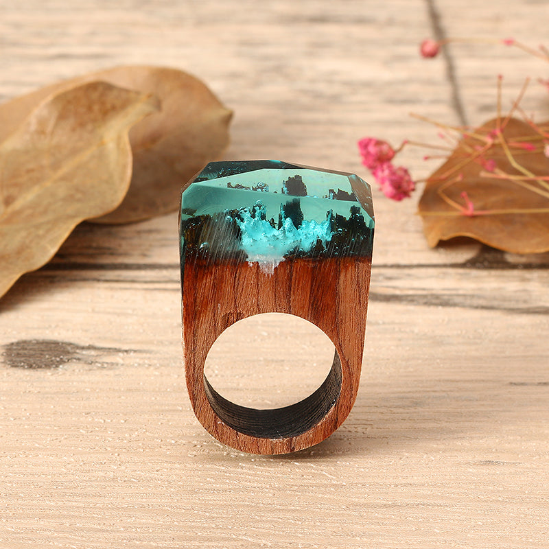 Creative Secret Forest Handmade Blue Snowscape Charm Wood Ring Unisex Jewelry Unique Gift