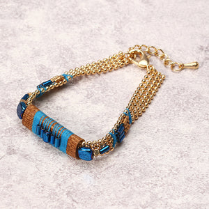 Bohemian Bracelet Gold Plated Blue Glass Bead Thread Charm Adjustable Bangle Boho Jewelry for Women 