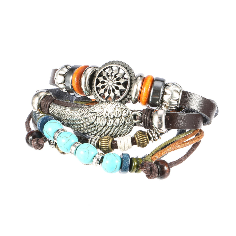 Adjustable Black Braided Leather Bracelet Multilayer Weave