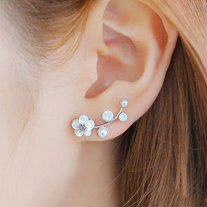 925 Silver Needle Shell Flower Crystal Rhinestone Ear Stud Earrings