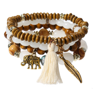 Retro Leaf Elephant Elastic Multilayer Bead Bracelet