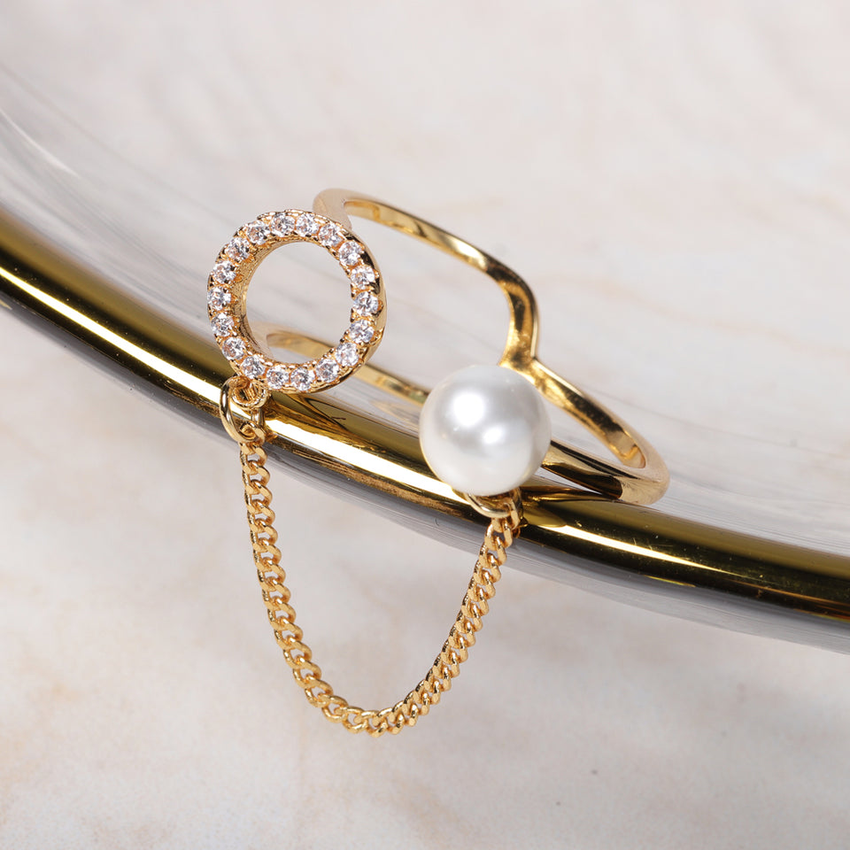 Trendy Open End Ring 18K Gold Plated Zirconia Round Pearl