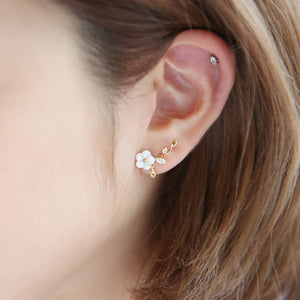 Sweet Flower Leaf White Zircon Crystal Ear Stud Earrings Women Jewelry