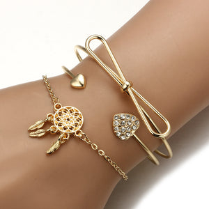 3Pcs Trendy Bracelet Sets Bowknot Rhinestones Heart Feather