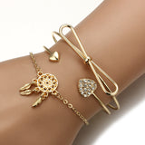 3Pcs Trendy Bracelet Sets Bowknot Rhinestones Heart Feather