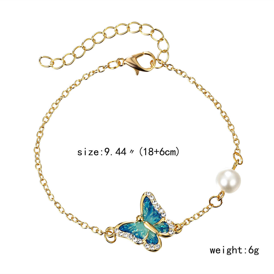 Elegant Enamel Butterfly Charm Rhinestone Pearl Bracelets