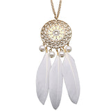 Vintage Bohemian Hollow Out Flower Zircon Feather Pearl Necklace