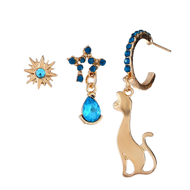 3 Pcs/set Cute Cat with Stars Blue Rhinestone Earring Set