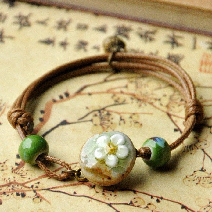 Chinese Ceramics Flower Weave Wax Rope Bracelet Jewelry