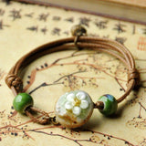 Chinese Ceramics Flower Weave Wax Rope Bracelet Jewelry