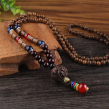 Retro Women's Colorful Wood Buddha Beads Pendant Necklace