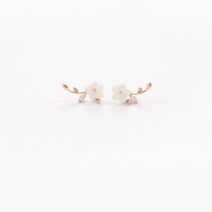 Sweet Flower Leaf White Zircon Crystal Ear Stud Earrings Women Jewelry