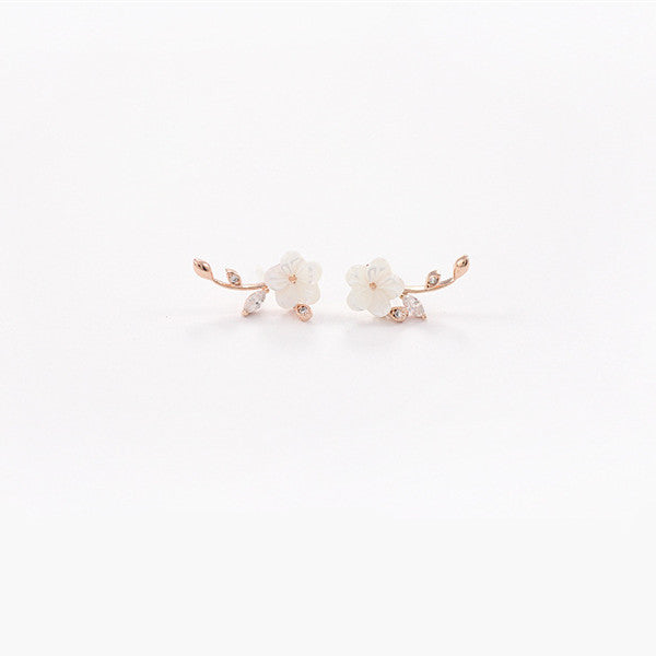 Sweet Flower Leaf White Zircon Crystal Ear Stud Earrings Women Jewelry