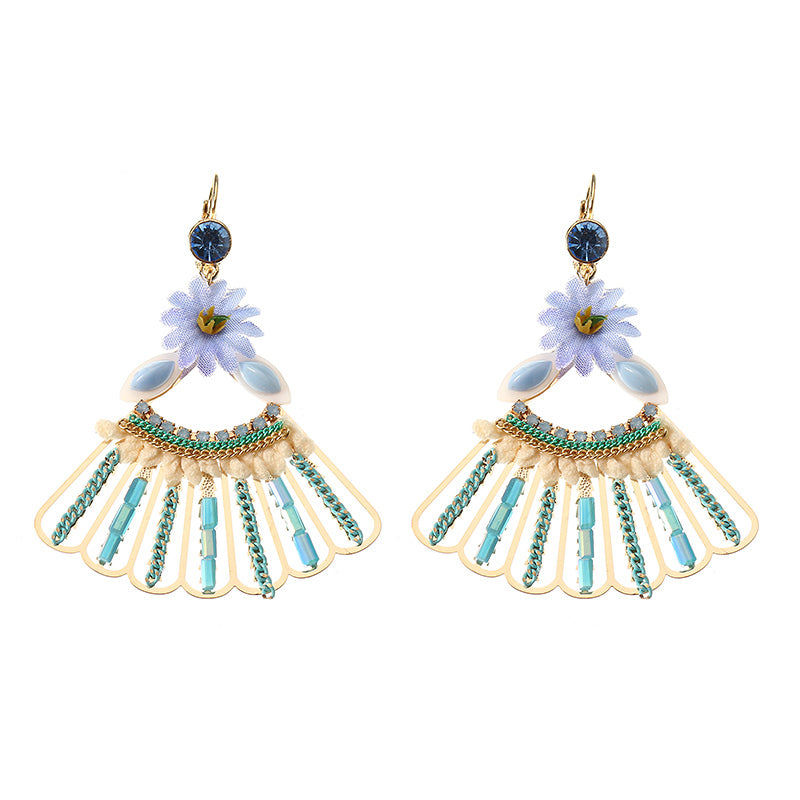 Bohemian 14K Gold Plated Peacock Tail Shape Flower Ear Drop Elegant Blue Opal Earrings for Women