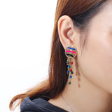 Women Bohemian Earrings Gold Plated Round Charm Tassel Colorful Bead Pendant Ear Clip Boho Jewelry