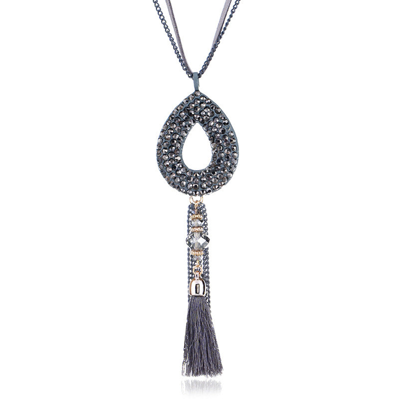 Retro Oval Rhinestone Pendant  Velvet Tassels Long Necklace