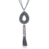 Retro Oval Rhinestone Pendant  Velvet Tassels Long Necklace