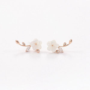 Sweet Flower Leaf White Zircon Crystal Ear Stud Earrings Women Jewelry