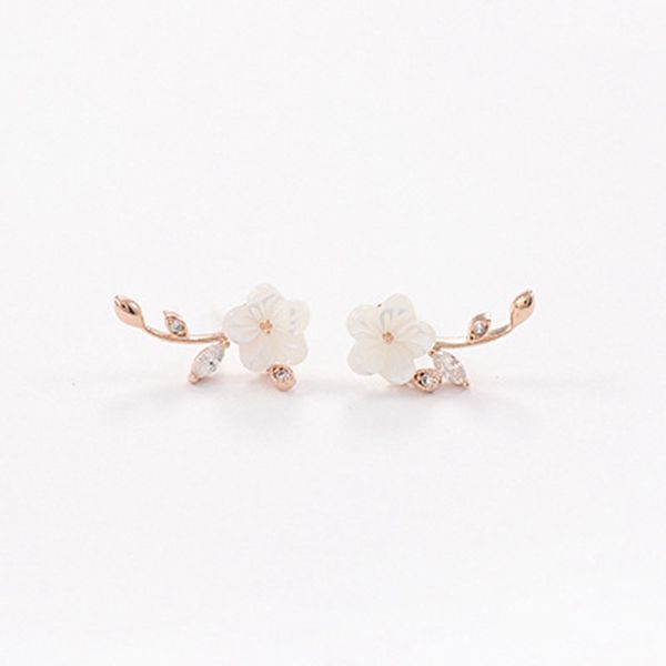 Sweet Flower Leaf White Zircon Crystal Ear Stud Earrings Women Jewelry