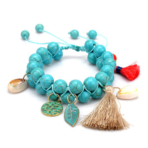 Bohemian Turquoise Beads Bracelet Shell Leaf Tree Tassel