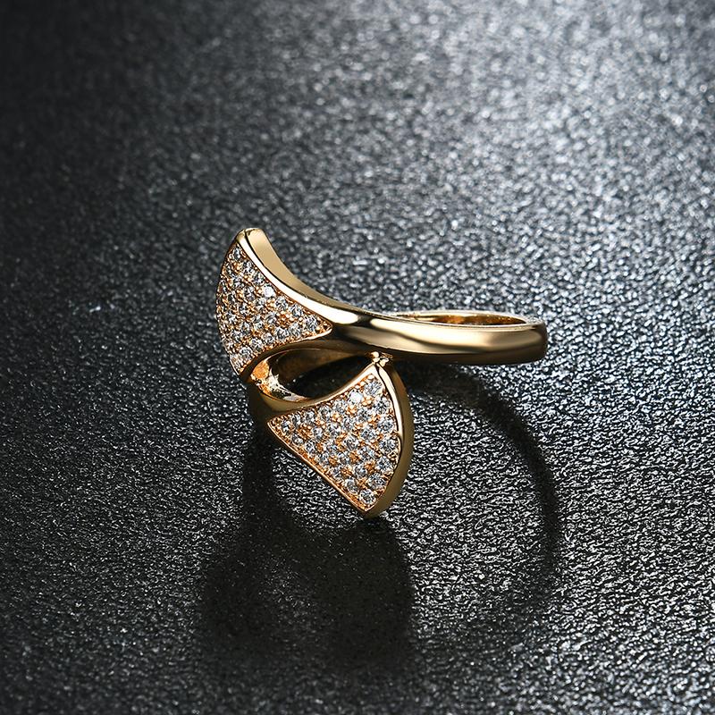 Elegant Sterling 24K Gold Plated Shiny Zircon Fan Shape Interlaced Ring Fashion Women Jewelry