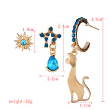 3 Pcs/set Cute Cat with Stars Blue Rhinestone Earring Set