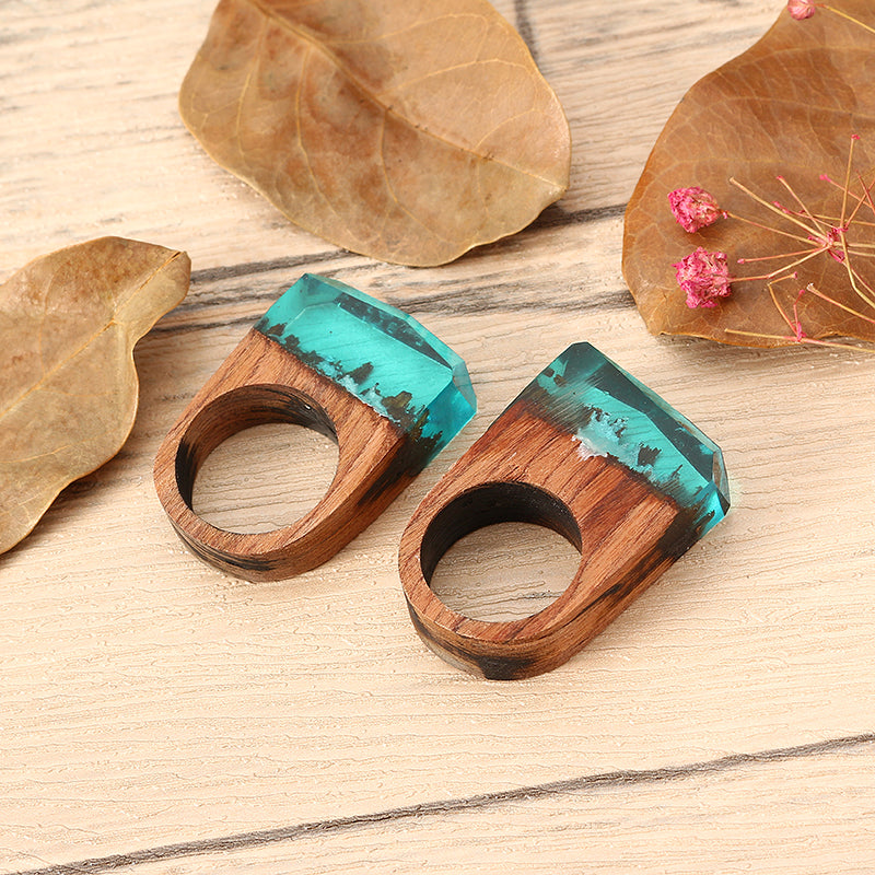 Creative Secret Forest Handmade Blue Snowscape Charm Wood Ring Unisex Jewelry Unique Gift