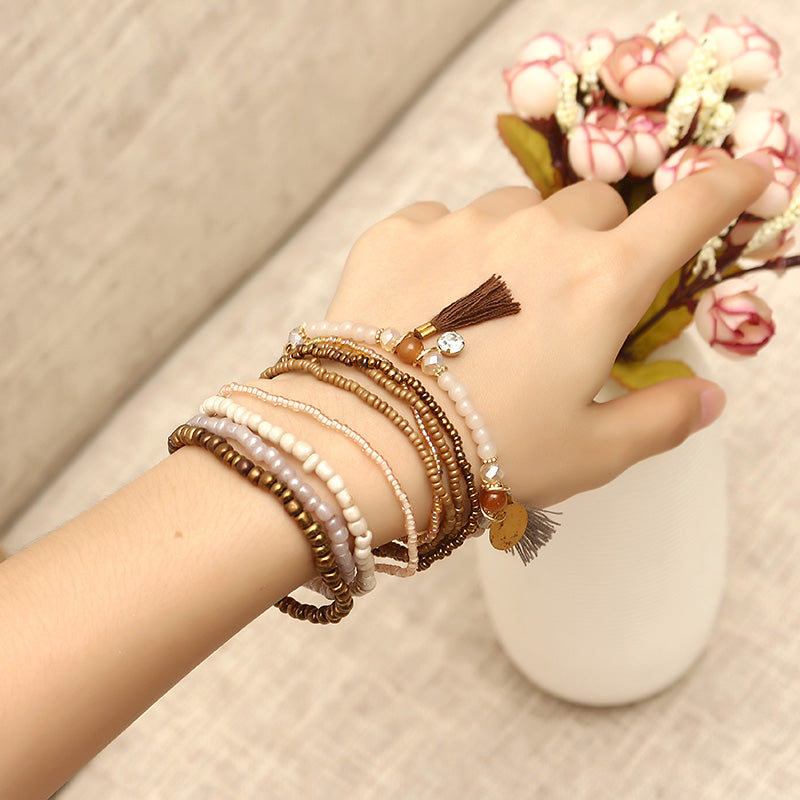 Bohemian Multilayer Tassel Charm Gold Color Coin Pendant Beads Bracelet for Women 