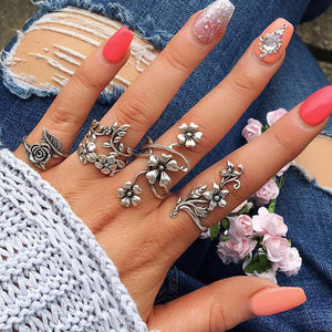 4 Pcs Ring Set Bohemian Flower Silver Rings for Women