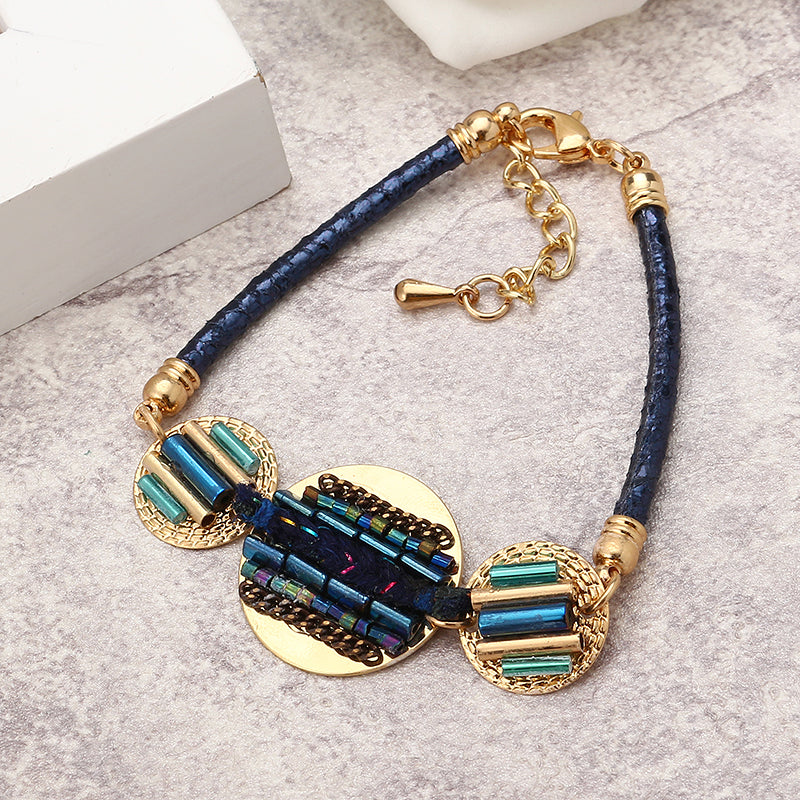 Bohemian Women Bracelet Gold Plated Coin Charm with Colorful Glass Bead Leather Bangle Chain