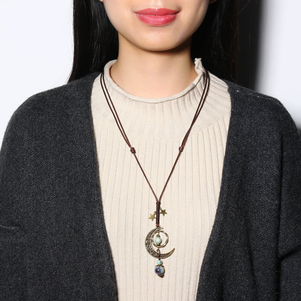 Vintage Star Moon Necklace Ethnic Ceramic Adjustable Pendant