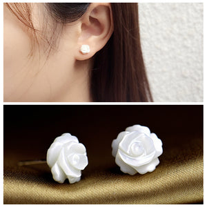 925 Silver Needle Shell Rose Flower Ear Stud Earrings Women Jewelry