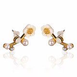 925 Silver Needle Shell Flower Crystal Rhinestone Ear Stud Earrings