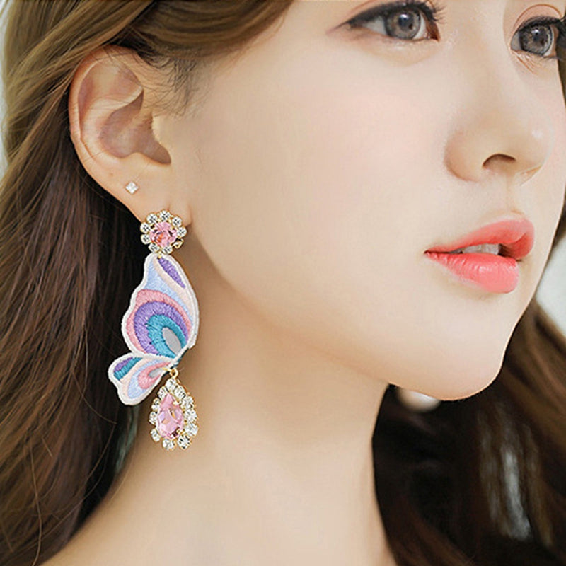 925 Sterling Silver Butterfly Embroidery Cloth Pearl Earring