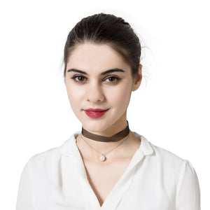 Women's Elegant Pearl Pendant Double Layer Lace Choker Simple Style Punk Necklace 