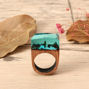 Creative Secret Forest Handmade Blue Snowscape Charm Wood Ring Unisex Jewelry Unique Gift