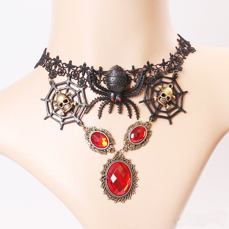 Vintage Lace Skull Head Choker Crystal Spider Web Necklace Halloween Party Accessories