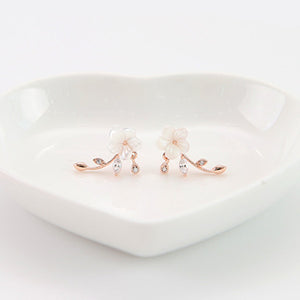 Sweet Flower Leaf White Zircon Crystal Ear Stud Earrings Women Jewelry