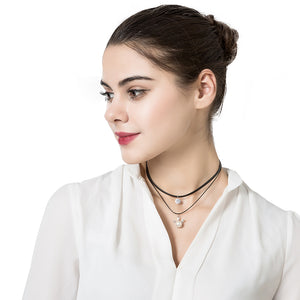 Women's Punk Necklace Two Layers Crown Shape Pearl Pendant Sparkling Rhinestone Black Choker