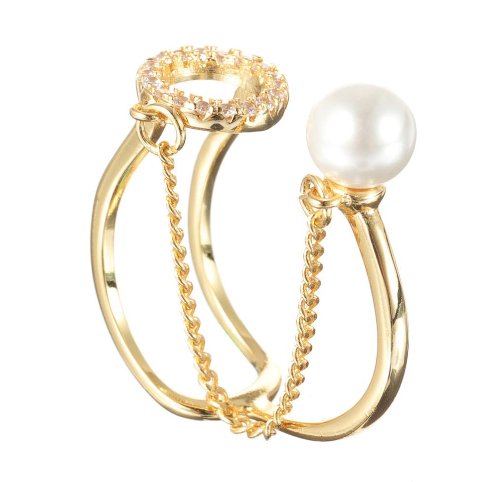 Trendy Open End Ring 18K Gold Plated Zirconia Round Pearl