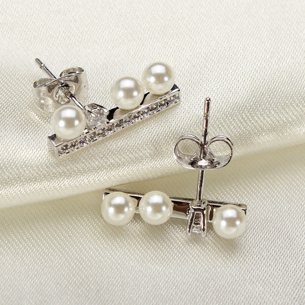 Simple Rhinestone Crystal Pearl Ear Stud Earrings Gold Silver Plated