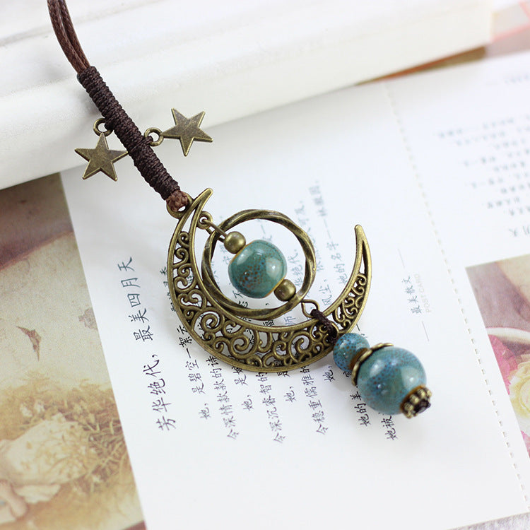 Vintage Star Moon Necklace Ethnic Ceramic Adjustable Pendant