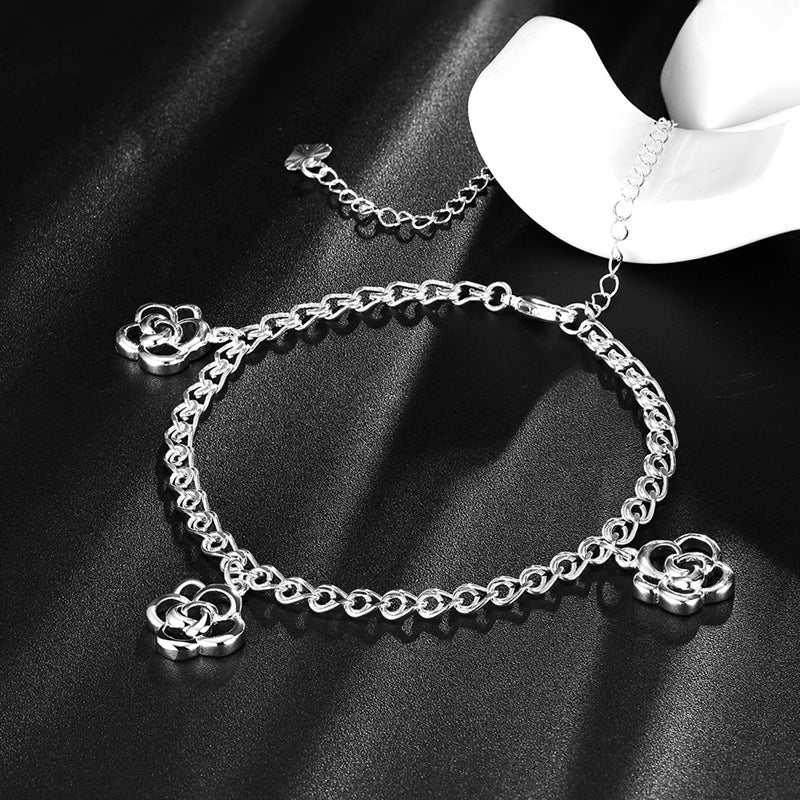 Simple Hollow Flower Pendant Silver Plated Adjustable Anklet