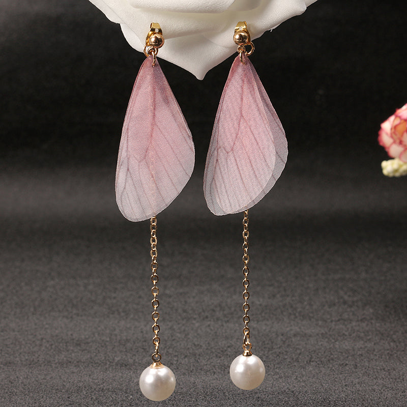 Sweet Chiffon Wings Asymmetric Artificial Pearl Women Earrings