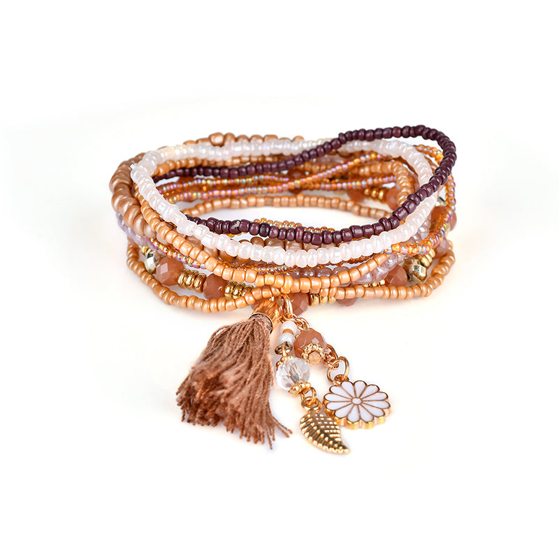 Bohemian Tassel Flower Leaf Pendant Multilayer Beads Bracelets for Women 