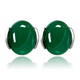 Silver Plated Lady Round Green Agate Earrings Elegant Gemstone Ear Stud Chinese Style for Women