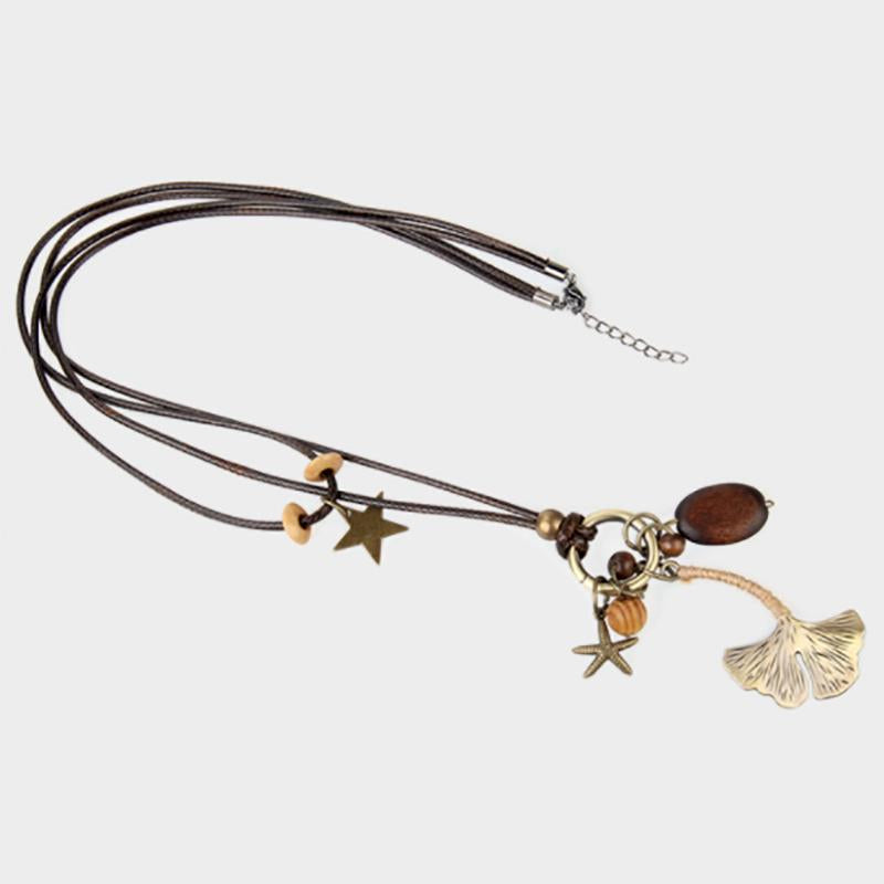 Retro Wax Rope Stars Alloy Leaf Long Pendant Sweater Chain